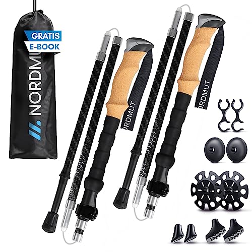 NORDMUT® Wanderstöcke faltbar | Ultraleichte Nordic Walking Stöcke Damen und Herren | Hochwertige Wanderstöcke Teleskop | Trekkingstöcke aus Carbon [mit Gummipuffer-Set]