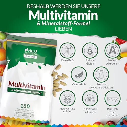 Multivitamin-Tabletten für Männer & Frauen - 180 Tabletten - 6 Monats-Vorrat - 25 A-Z Multivitamine & Mineralien mit Eisen, Zink & Vitamin D - Eine pro Tag - Nu U Nutrition
