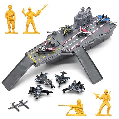 VGRASSP Navy Battle Ship Aircraft Carrier Toy Set for Kids with Fighter Jets, Soldier Figures, Runway Deck - Army Style Pretend Play Warship Playset - Color As Per Stock
