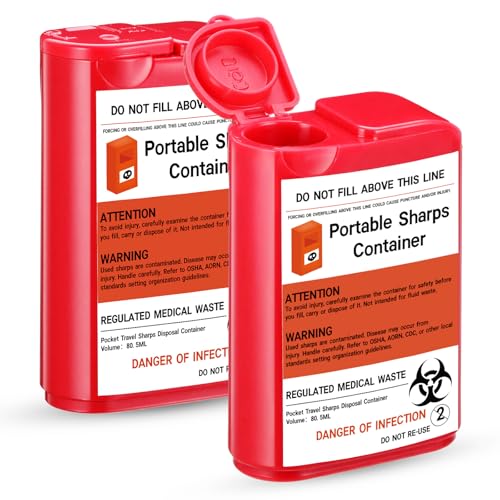 Baderke 2 Pack Pocket Travel Sharps Disposal Container Sharps Containers for Home Use Small 80 Ml Container Diabetic Supplies Easy to Use for Diabetic Needles Lancets Strips (Red)