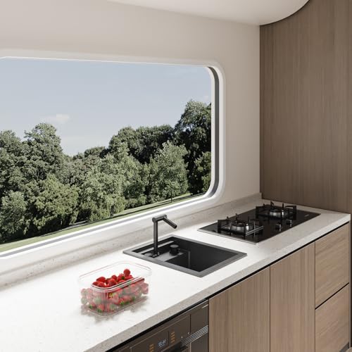 Image of 15 inch x 18 inch RV Kitchen Sink with Fold-Down Faucet - 18 Guage Stainless Steel Undermount Bar Sink for Campers and Small Spaces(Black)