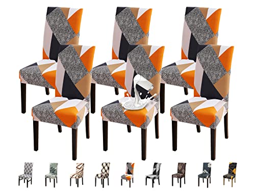 Jaotto Housse de Chaise 6 Pièces Imperméable Housse de Chaise Salle à Manger 6 Pièces Couverture de Chaise Extensible Universel Facile à Installer pour Restaurant Cuisine Decoration,Géométrie Orange Cover