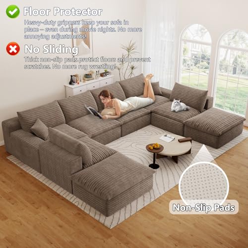 Image of 136 inch Cloud Couch Modular Sectional Sofa for Living Room, U-Shape Boneless Couch with Deep Seat, Modern Corduroy 6-Seater with Ottomans, No Assembly Required, Camel