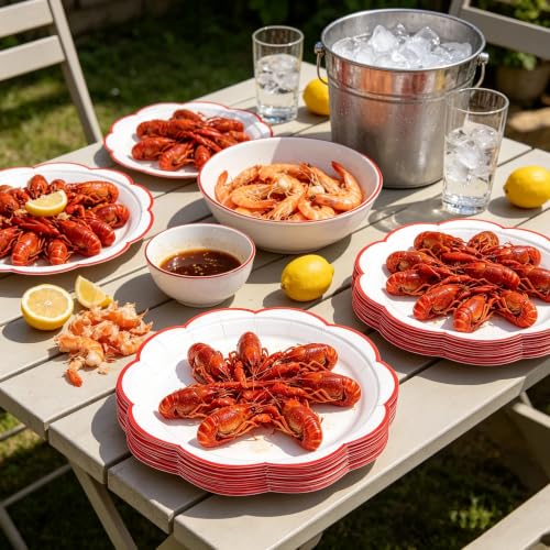 Image of NatNarr 30 Pcs Red and White Paper Plates 9 Inch White Plates with Red Trim | Scalloped Picnic Plate Disposable Dinner Plate for BBQ, Baby Shower, Wedding, Bridal Shower, Birthday