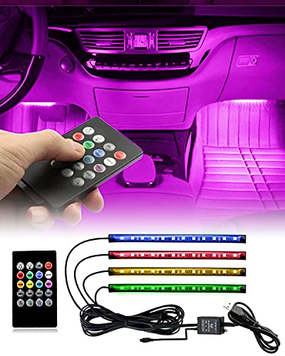 VIDEN Car LED Lights for Car Interior, 4PCS Car Interior Lights, Waterproof LED Interior Car Lights with Sound Sensor and Remote Control, USB Port Car Charger, Cool Car Accessories Underglow for Cars