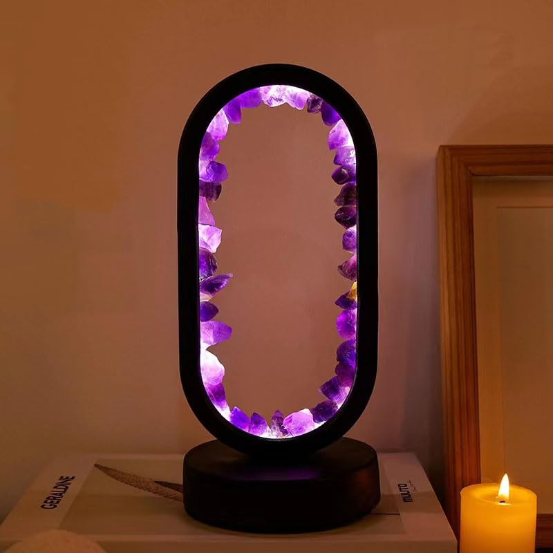Bprtcra Amethyst Night Light, Natural Crystal Lamp, Healing Crystal Table Lamp, Three Light Modes, Adjustable Brightness, USB Port Power Supply, Premium Gift (Black Oval Dark Amethyst)