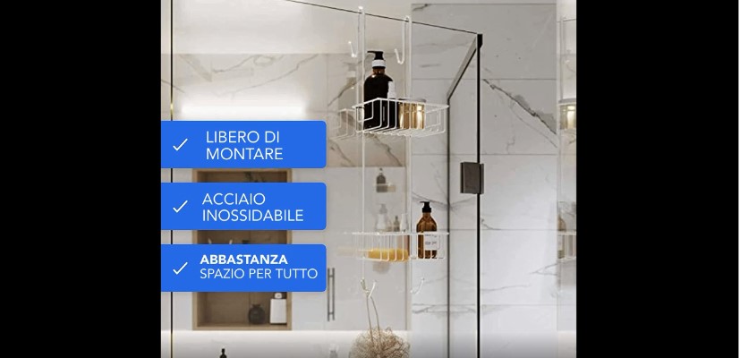 Scaffale Doccia Senza Foratura BAMODI - Mensola Per Bagno Con Cestini E Ganci | Cromato 70x18.5x19 Cm - Foto 5