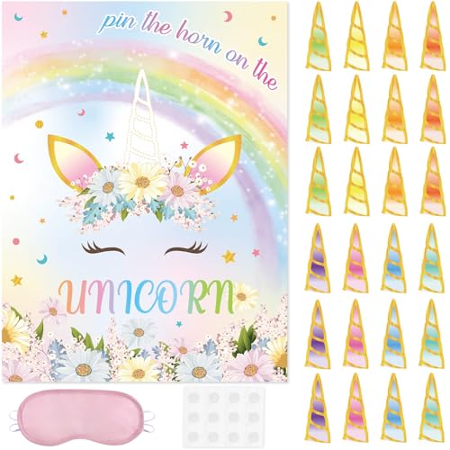 Image of WERNNSAI Pin the Horn on the Unicorn Birthday Party Game | Unicorn Birthday Decorations,Pin The Tail Game for Classroom Activities,28 inch x 21 inch Poster with 24 Stickers and Blindfold