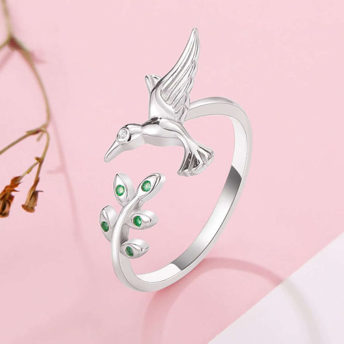 Baluue Anello Regolabile da Donna Design Colibrì e Foglie, Gioielli a Forma di Volatile, Anello Aperto Leggero e Comodo per Uso Quotidiano