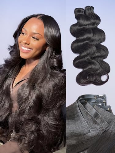LUVME 0.82mm Invisible Clip in Hair Extensions Body Wave 14 Inch 2 Pack 220g 14 Pcs 100% Real Human Hair Clip Ins Natural Black Even Coverage for Full Volume and Natural Blend All Day