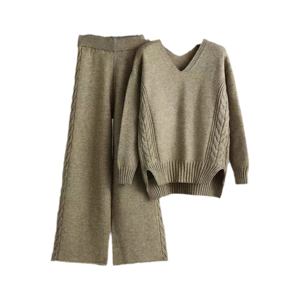 Maglia Due Pezzi Set per Le Donne Scollo a V Maglione e Gamba Larga Pantaloni Autunno Vintage Maglione Pantaloni Set, Kimly Cage, S