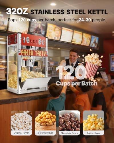 Image of 32 Oz Commercial Popcorn Machine, Large Popcorn Maker Machine, Movie Theater Countertop Pop Corn Machine with 3-Switch Control & Tempered Glass Doors, Red