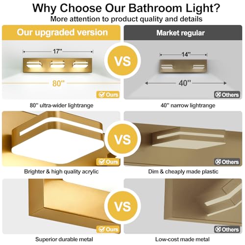 Image of Torondo 360 Rotate LED Bathroom Vanity Light Fixtures, Acrylic Vanity Lights for Bathroom, Modern Wall Lighting Fixtures Over Mirror Living, Gold, Natural White, 3-Light, 17-Inch
