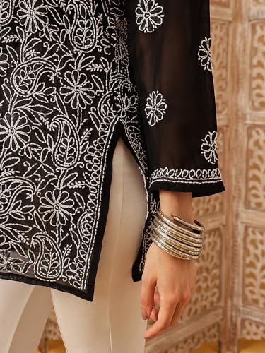 Image of Ada Women's Georgette Regular Fit Chikankari Hand Embroidered Lucknow Short Kurti Top A911224