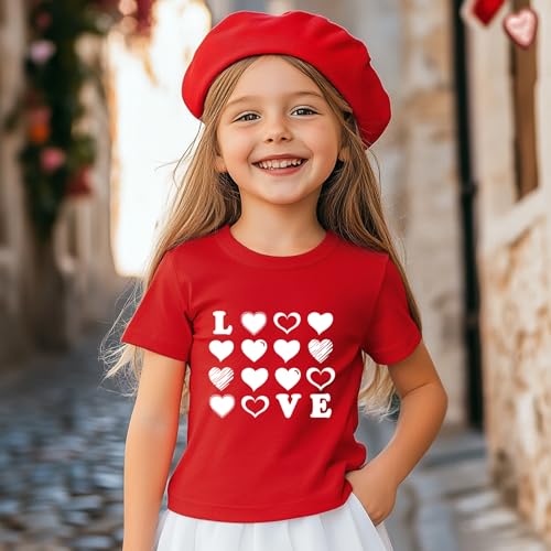 Image of Toddler Girl Valentine's Shirts Cute Love Tshirts Cotton Short Sleeve 2-10 Years