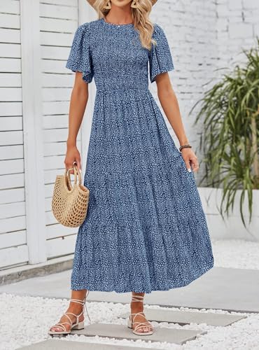 Image of ZESICA Women's 2026 Summer Boho Floral Maxi Dresses Casual Short Flutter Sleeve Smocked Tiered Flowy Dress