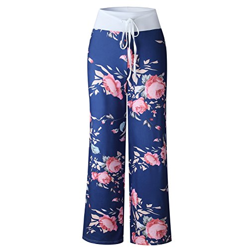 Image of iChunhua Women's Comfy Stretch Floral Print Drawstring Palazzo Wide Leg Lounge Pant