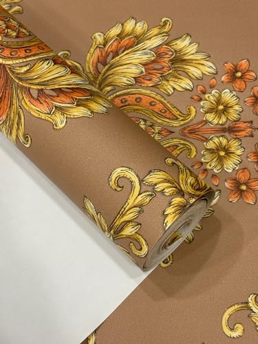 Image of Eurotex PVC Wallpaper Roll for Wall Decor, Non -Adhesive Damask Design wallcoverings for Living Room, Bedroom Walls (Luxury Vinyl Coated 57 sq.ft Roll, Mocha Color)