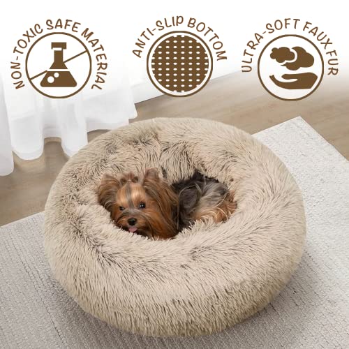 Friends Forever Coco Donut Dog Bed, Soft Faux Fur Cat Couch For Indoor Pet, Fluffy Calming Plush Shag, Round Raised Rim Bolster Cushion, Machine Washable Cuddler, Self Warming, 30X30, Tan #TOP3