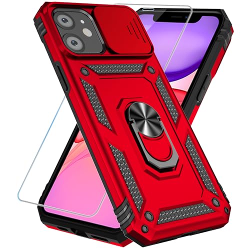 SunStory Phone Case for iPhone 11 Case with HD Screen Protector & Slide Camera Cover & Rotated Ring Kickstand [Military-Grade] Phone Case for iPhone 11 6.1 (Red)