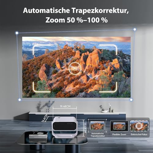 Smart Beamer Full HD 1080P, 25000 Lumens, Android 11，Integrierte Apps, 4D Trapezkorrektur，WiFi 6 & BT 5.2, Heimkino 4K Beamer Trapezkorrektur und elektrischen Fokus