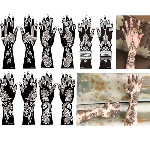 Temporary Tattoo Stencil Kit, 10 Sheets Henna Tattoo Templates for Hand Forearm Large Indian Glitter Airbrush Tattoos Stickers Girls Woman DIY Body Art