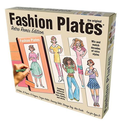 Image of Fashion Plates Retro - Mix-and-Match Drawing Kit, Arts and Crafts, Coloring, Art Supplies, Craft Supplies, Stencils, Crayons Included, Create Your Own Designs, Ages 6+