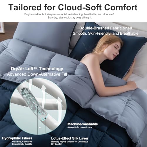 Image of KASENTEX King Comforter Set, Reversible, Goose Down Alternative, All Season | 250 GSM Fill, Ultra-Soft, Lightweight, Machine Washable, 1 Comforter + 2 Pillow Shams, Dress Blues /Tempest
