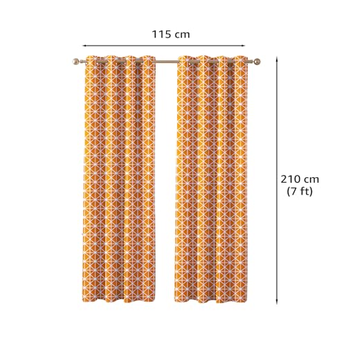 Image of Amazon Basics - Geometric Print Light Filtering Curtains | 100% Cotton 150 TC | Set of 2 | 7 Feet | 115 x 210 cm | Orange | Eyelets & Tiebacks| Ideal for Bedroom and Living Room