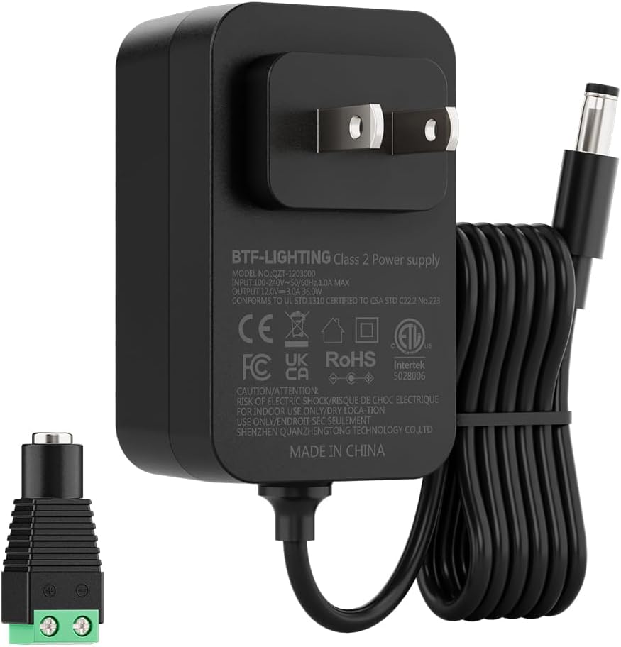 BTF-LIGHTING 12V 3A 36W Power Supply Adapter ETL Listed 100-240V AC to 12V DC Converter Class 2 Power Supply, 5.5x2.1mm Jack for for Low Voltage LED Strip Lights, CCTV, Router, Electronics