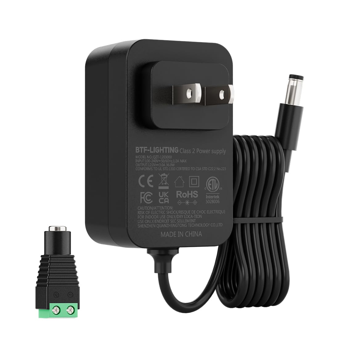 BTF-LIGHTING 12V 3A 36W Power Supply Adapter ETL Listed 100-240V AC to 12V DC Converter Class 2 Power Supply, 5.5x2.1mm Jack for for Low Voltage LED Strip Lights, CCTV, Router, Electronics