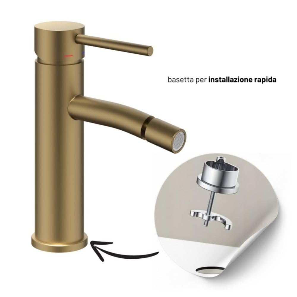 Miscelatore Monocomando Bagno Serie Jazz QuickInstall Piletta Click Clack Leva in Metallo Cartuccia Ceramica Design Moderno Oro Matt Satinato Spazzolato (Coppia Lavabo Bidet)