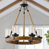 Rustic Wagon Wheel Chandelier with Seeded Glass Shades, 6 Lights Farmhouse Wood Chandelier, Retro Ro