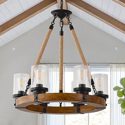 Rustic Wagon Wheel Chandelier With Seeded Glass Shades, 6 Lights Farmhouse Wood Chandelier, Retro Round Wagon Wheel Pendant Light Fixture For Dining Room Living Room Kitchen Island Foyer Entryway #TOP1