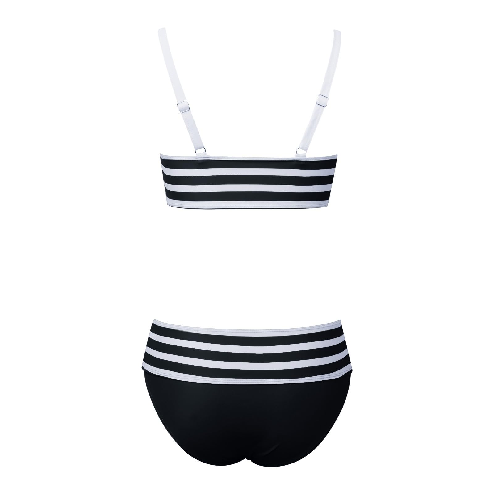 Costume da bagno da donna tankini due pezzi costume da bagno con fiocco per spiaggia estate vacanza stampa a righe, nero, 4XL