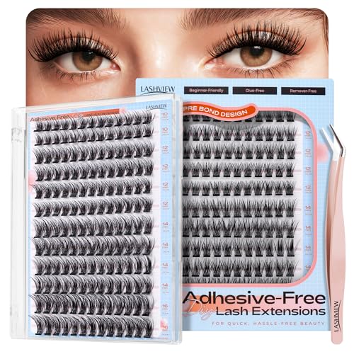 LASHVIEW Selbstklebende Wimpern Press On 156Pcs Kein Kleber benötigt Wimpernbüschel Beinhaltet Büschel 1 Applikator Einfach aufzutragen Selbstanwendung zu Hause DIY Wimpernverlängerung Kit 10-16mm