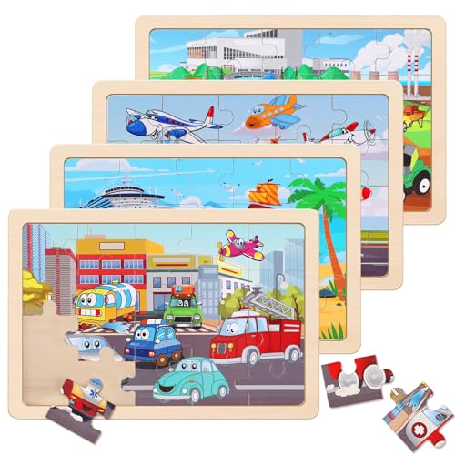 Wooden Educational Jigsaw Puzzles for Preschool Kids Ages 3-5, 4-Pack with 20 Pieces Transportation Wood Puzzles Set, Toddler Brain Teaser Toys, Preschool Gifts for Boys Girls Ages 3 4 5 6