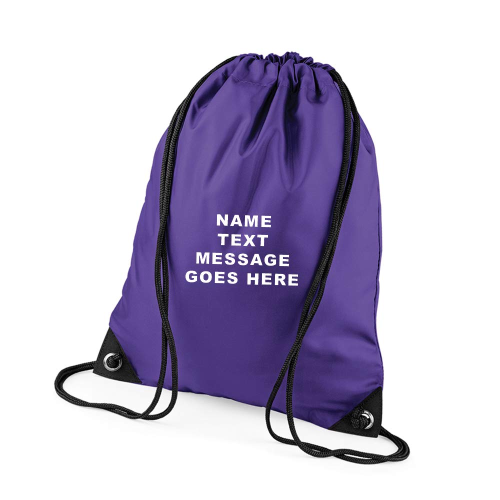 Personalised with your Own Any Name/Message/Text Premium Drawstring Bag PE Gym Kit Birthday/Secret Santa School P.E Kids Sport Rucksack. (Purple)