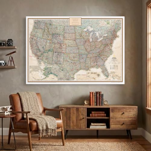 Image of Executive USA Push Pin Map - Detailed National Geographic Travel Tracker - Modern Frameless Canvas Wall Art- Gallery Wrap - 24 inch x 36 inch