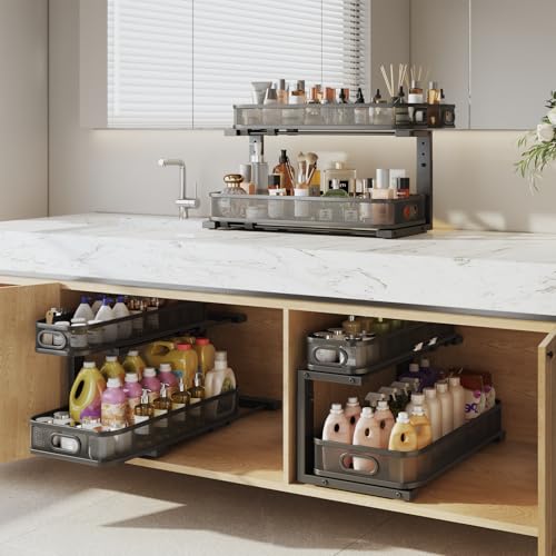 Image of 2 Pack 21.3IN-Depth Under Sink Organizer with Smooth Cylindrical Rail,2-Tier Pull Out Multi-Purpose Cabinet Storage for Bathroom&Kitchen,Height Adjustable,Rust-Resistant Coating-Black