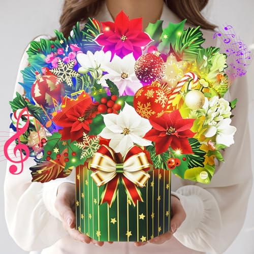 Yinqing Christmas Cards, Light and Music Merry Christmas Cards, 13 Inch Life Sized Forever Flower Bouquet 3D Pop Up Xmas Gift Card for Women Wife Mom Daughter Sister