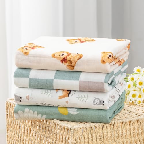 Image of BabyWhale Muslin Swaddle Blanket with Hat and Headband Bow, Checkered Print Swaddle Set for Baby Boys & Girls, Unisex Soft Receiving Blanket Wrap, Green Grey Checkered, 47x47 inches