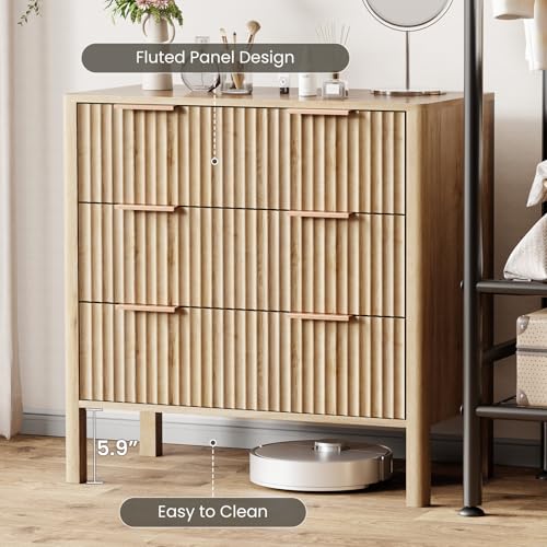 Image of 32 inch Wide Fluted 3 Drawer Dresser for Bedroom, Wooden Dresser Modern Chest of Drawers End Table Dressers with Organizer Storage for Bedroom, Living Room, Entryway, Oak