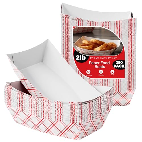 Paper Food Trays Boats | 2 Lb. - 250 Pack | Heavy Duty Grease Resistant Nacho Hot Dog Trays | Disposable Cardboard Paper Food Tray for Serving Food Party, Snack Taco Bowls, Concession Stand Supplies