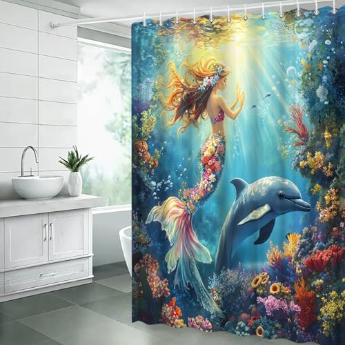 Ocean Mermaid Shower Curtain Whale Floral Coral Fantasy Underwater 70 Wx70 H Fabric Bathroom Decor Curtain with Hooks
