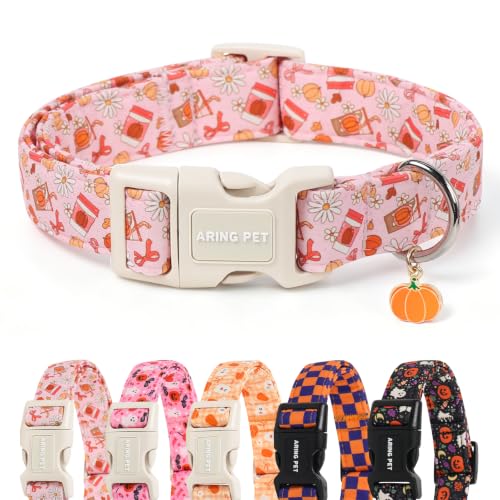 Image of ARING PET Fall Dog Collar for Puppy Small Medium Large Dog-Pink Pumpkin XL | Cute Autumn Basic Doggy Collars with Charm for XS S M L XL Boy Girl Dogs, Soft Comfy Sturdy, Harvest Pumpkin Patch Visits