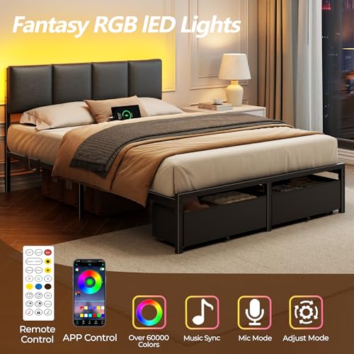 Image of Furnulem Full Size Bed Frame with Charging Station and LED Lights, PU Leather Upholstered Headboard, Metal Platform Bed with 2 Fabric Storage Drawers, Noise Free, No Box Spring Needed, Black