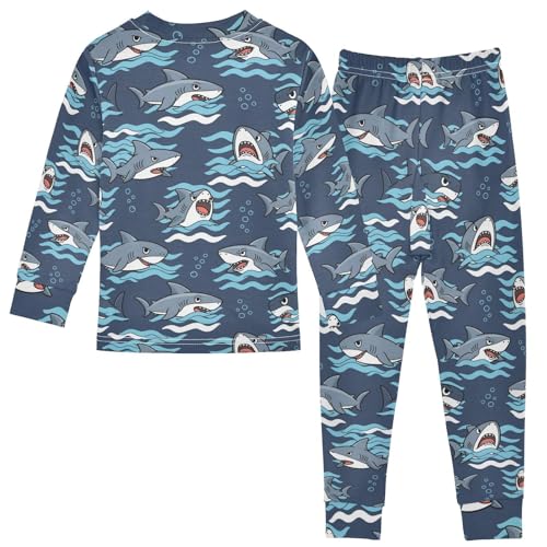 Pajama Sets Long Sleeve Angry Shark Blue Background Soft Comfy Sleepwear 2 Piece PJS 3-8T3