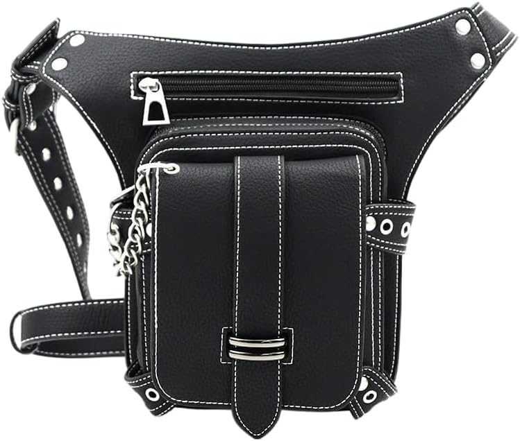 Gothic Punk Black PU Leather Waist Leg Bag with Adjustable Straps, Motorcycle crossbody bag for men and women (Black 1)