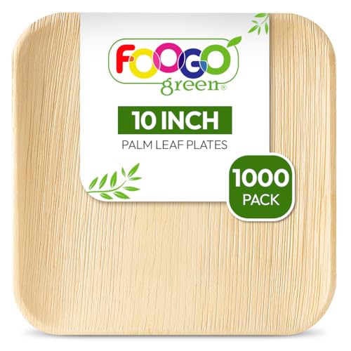 FOOGO Green 1000 Platos Desechables de Hoja de Palma, 25 cm, Cuadrados Grandes, Biodegradables, Compostables, Como Platos de Madera, Bambú, Papel, para Comida Caliente, Bodas, Picnics, Fiestas